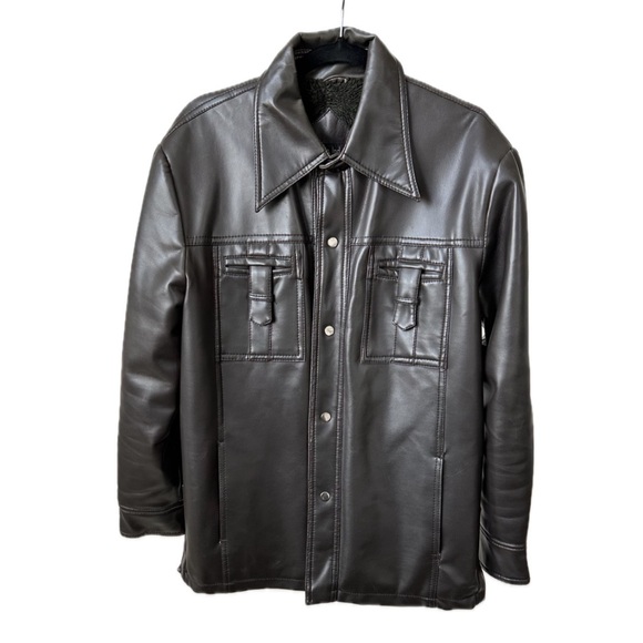 RARE! 70S CHOCOLATE BROWN VEGAN LEATHER SNAP BUTTON JACKET DAGGER COLLAR- Mens M - Picture 13 of 13